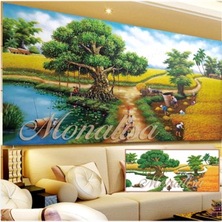 Tranh đính đá phong cảnh làng quê đẹp 150x70cm