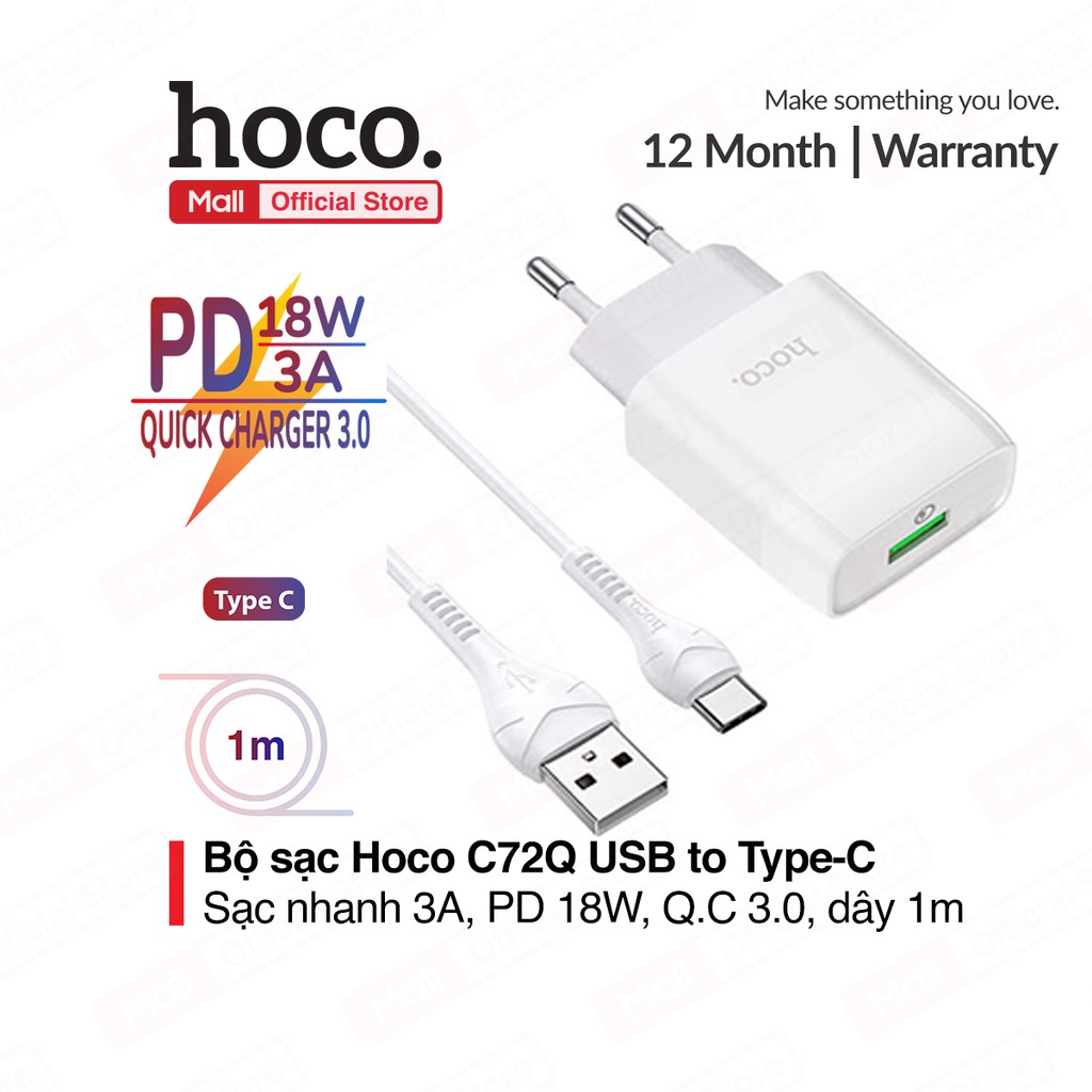 Bộ sạc Hoco C72Q ( kèm cáp Type-C ) hỗ trợ sạc nhanh 3A, hỗ trợ PD 18W, tương thích nhiều dòng Samsung/Huawei/Xiaomi...