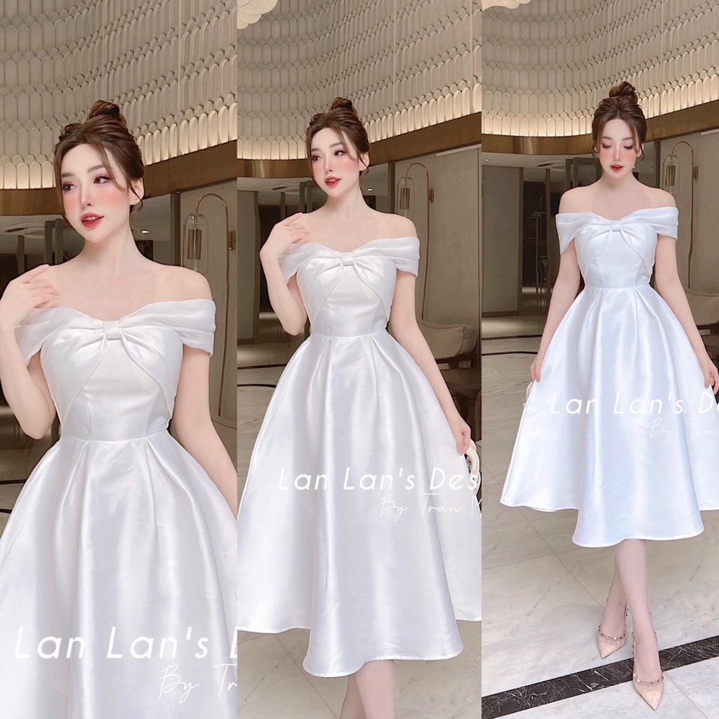 [8.8 Sales Freeship] Đầm nữ đi tiệc dáng dài, đầm midi trễ vai nơ ngực chất tapda thiết kế quyến rũ , sang chảnh