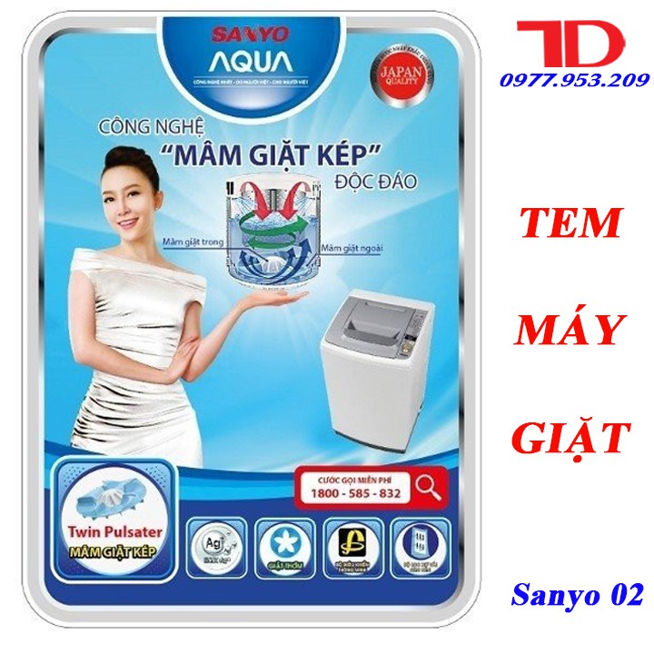 Tem dán máy giặt SANYO + tặng băng keo 2 mặt