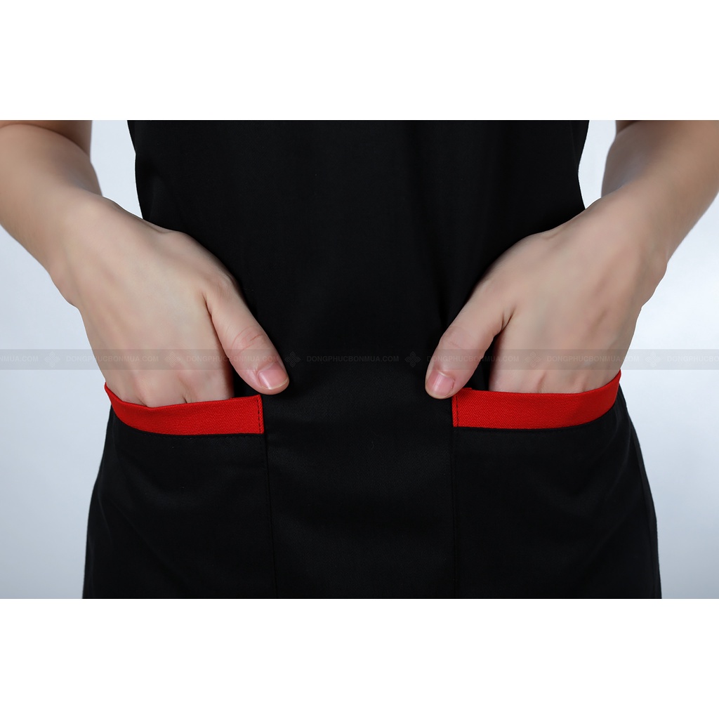 Tạp dề pha chế màu đen phối đỏ chất liệu kaki cotton cao cấp sẵn hàng kèm video