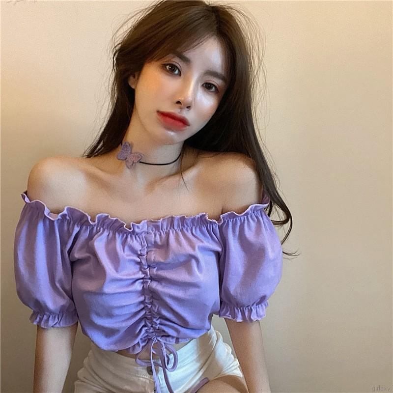 Áo Croptop Trễ Vai Màu Trơn Phong Cách Retro Hàn Quốc | BigBuy360 - bigbuy360.vn