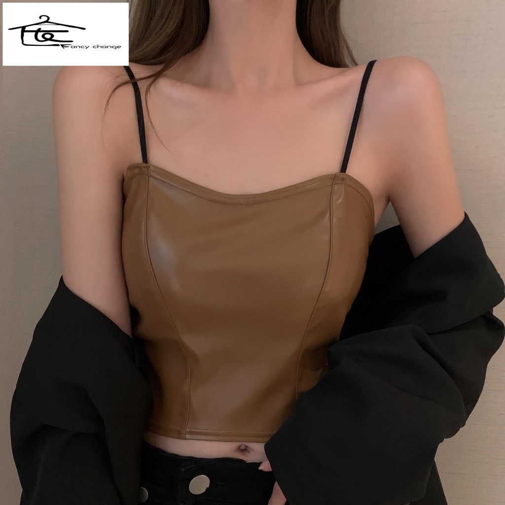 Hàng Có Sẵn Bán Chạy~Áo Da PU Nhỏ Không Tay Dáng Ngắn Phong Cách Âu Mỹ Sành Điệu Cho Nữ