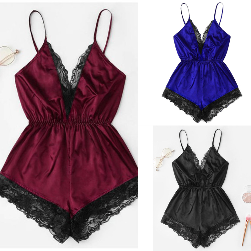 Jumpsuit Ngủ Phối Ren Hoa Thiết Kế Cổ Chữ V Quyến Rũ