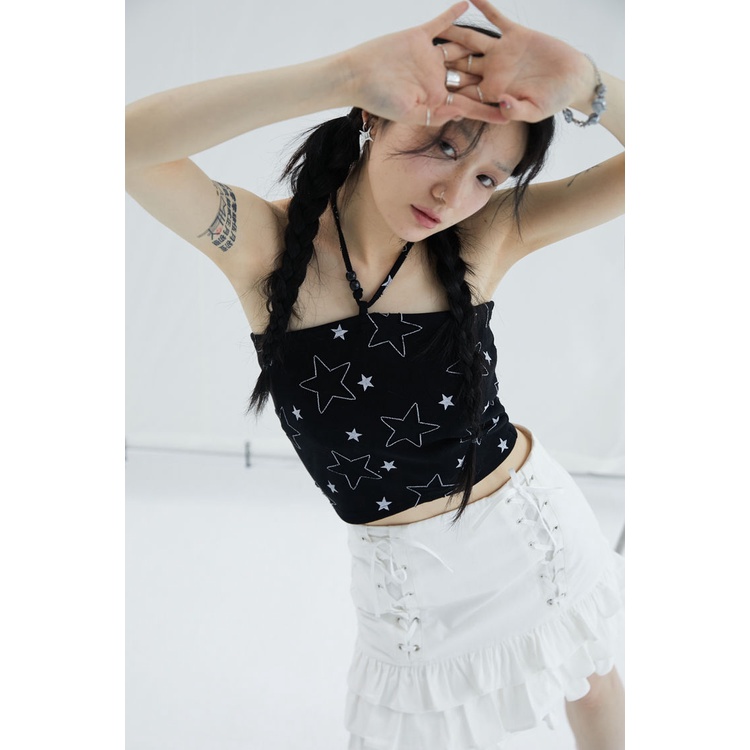 Áo Croptop y2k Hai Dây Xỏ Hạt Màu Đen Nhỏ Nhắn In Họa Tiết Ngôi Sao Thời Trang Cho Nữ y2k