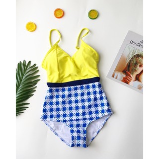 Bikini liền thân vàng phối caro ( kèm hình sàn)