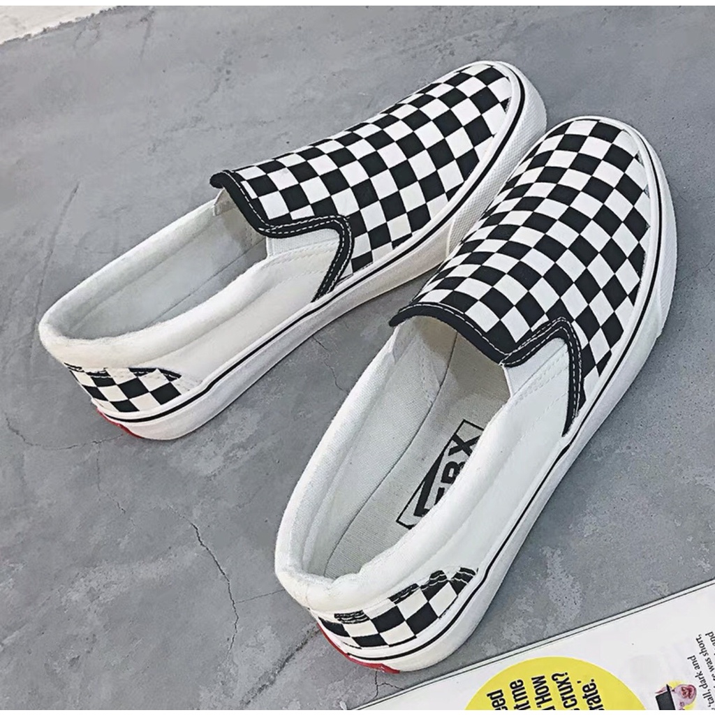 Giày thể thao caro lười, giày slip on caro kẻ đen trắng thể thao nam nữ full box, Bill