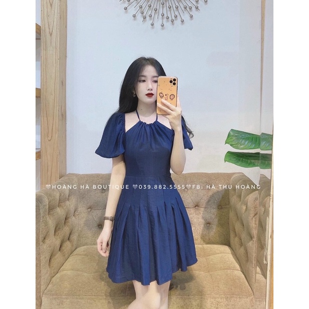 VÁY/ĐẦM ĐŨI XANH COBAN TAY PHỒNG BO CHUN CỔ YẾM BUỘC DÂY ÔM EO CHÂN VÁY XẾP LY DÁNG XOÈ XINH XUẤT SẮC