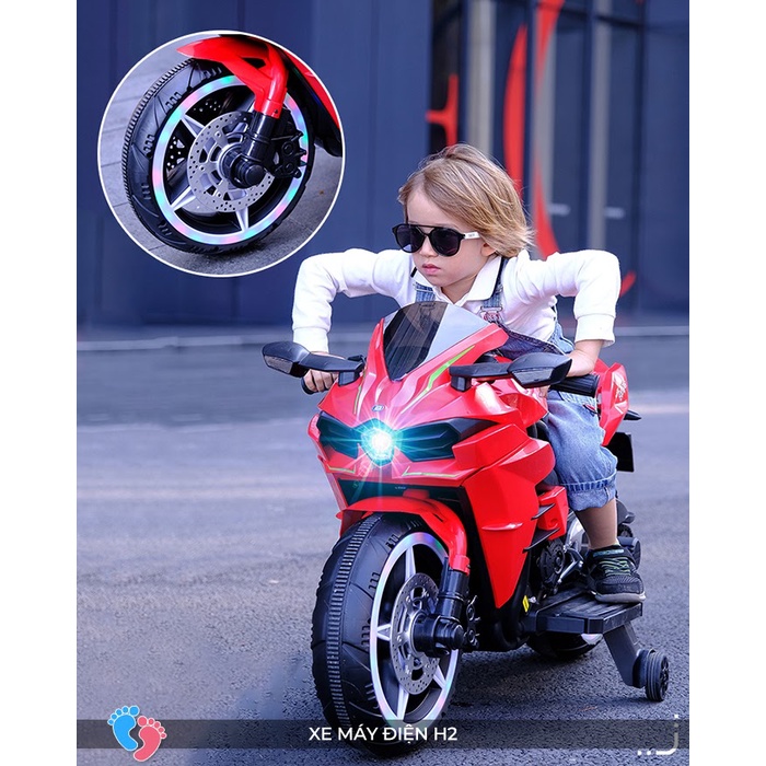 Xe môtô điện xe máy điện thể thao trẻ em loại to H2 có đèn bánh xe, bluetooth