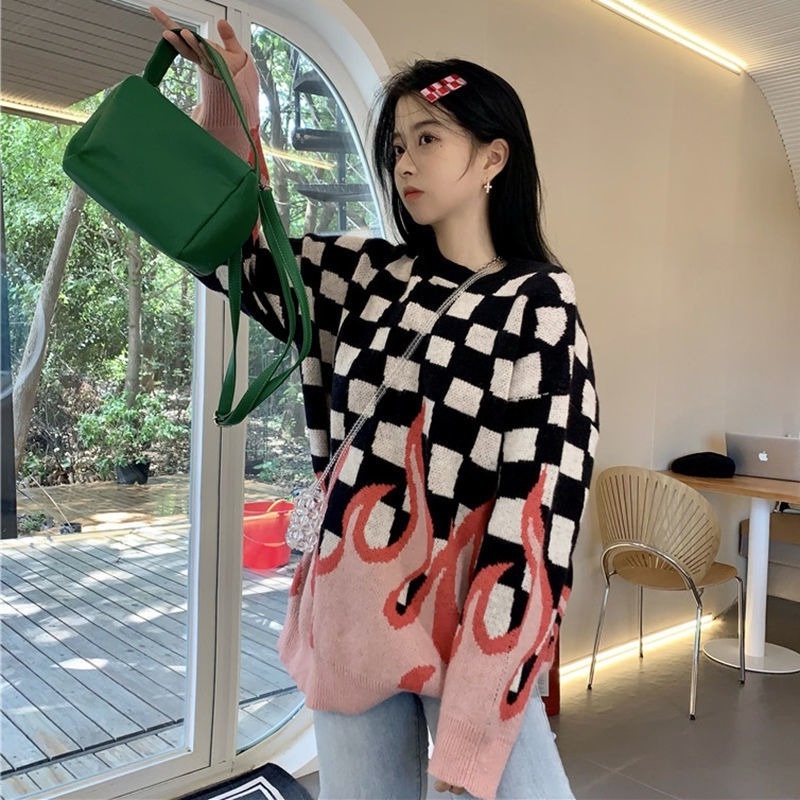 Áo len nữ dài tay cổ tròn họa tiết caro thời trang mới