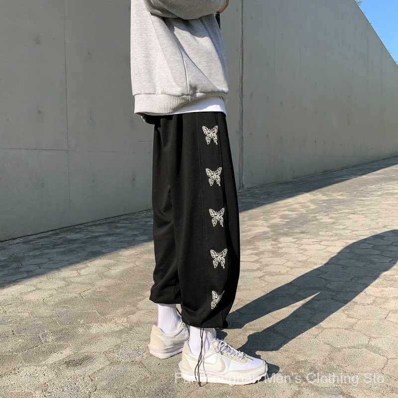 Butterfly Printed Loose Pants Men Slacks Sports Trousers For Men Fashion Casual Wide Leg Couple Korean Trouser Spring And Autumn Ankle Length Mens Sweatpants