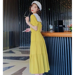 Đầm midi vàng tầng cổ thuỷ thủ trắng (kèm hình thật)