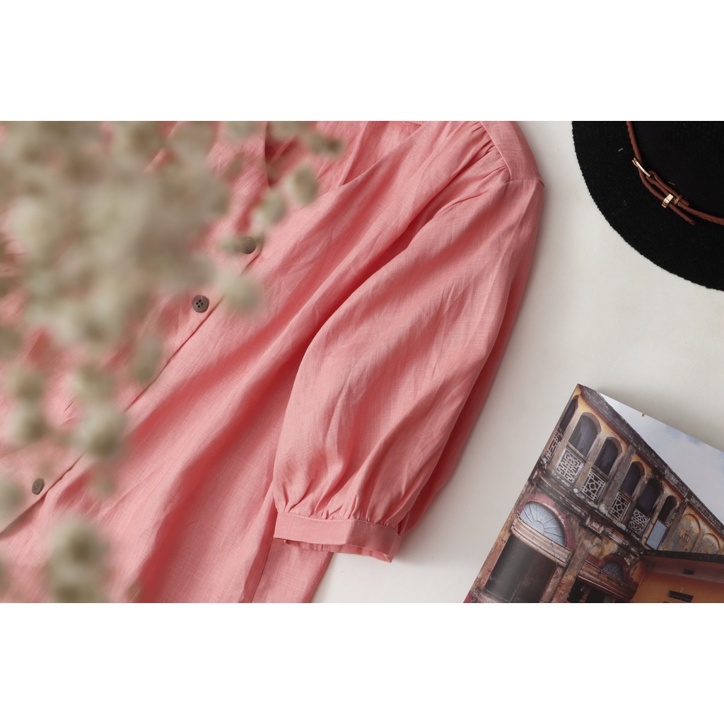 Áo li vai Linen KANAMY tay phồng màu hồng