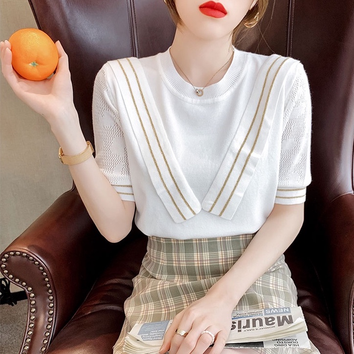 Áo kiểu ZHELIHANGFEI tay ngắn vải lụa thoáng mát phong cách mùa hè thời trang cho nữ