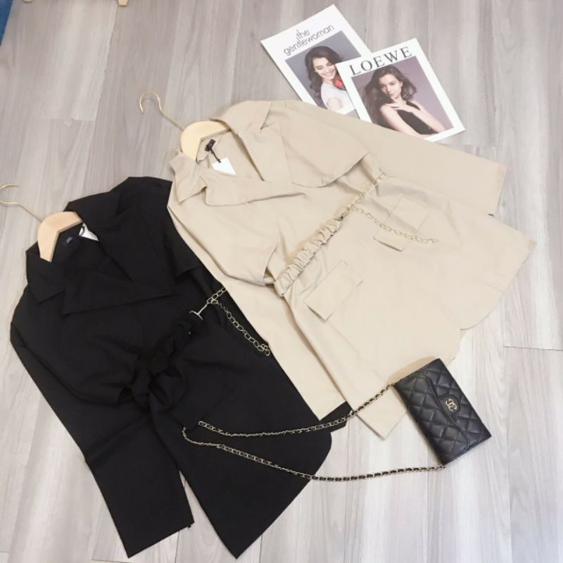 Áo khoác vest blazer thụng basic kèm xích đai mix rời from rộng về 2 màu đen, be nâu- Áo vest nữ 2 lớp chất tuyết mưa