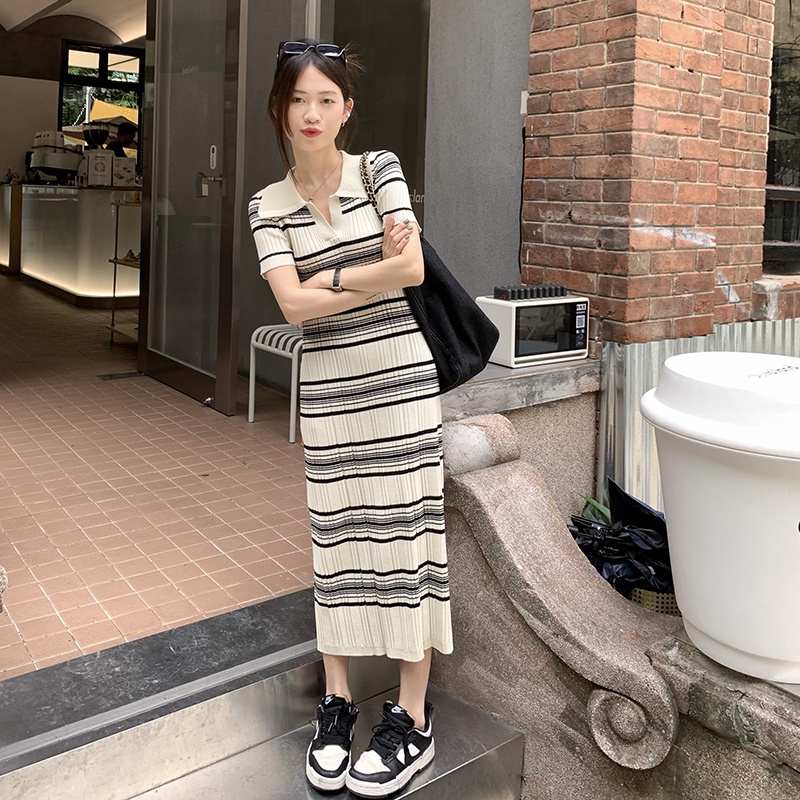 Đầm maxi dệt kim ZHELIHANGFEI tay ngắn cổ polo họa tiết kẻ sọc phong cách Hàn Quốc thời trang mùa hè