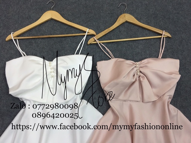 Đầm dự tiệc 2 dây nơ ngực kết ngọc chất lụa taffeta TRIPBLE T DRESS - Size M/L - MS198V