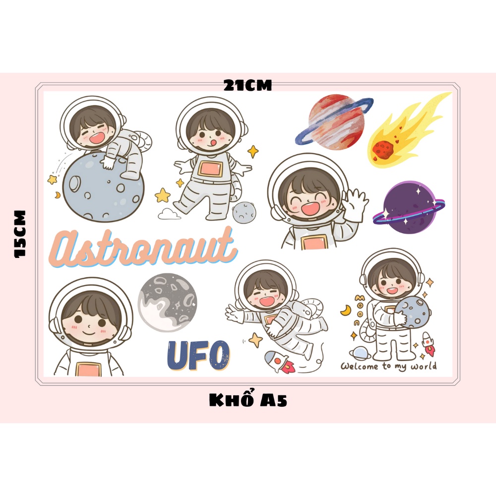 Sticker/ Nhãn dán Phi Hành Gia chống nước dễ thương trang trí sổ tay, bình nước, mũ bảo hiểm, vali