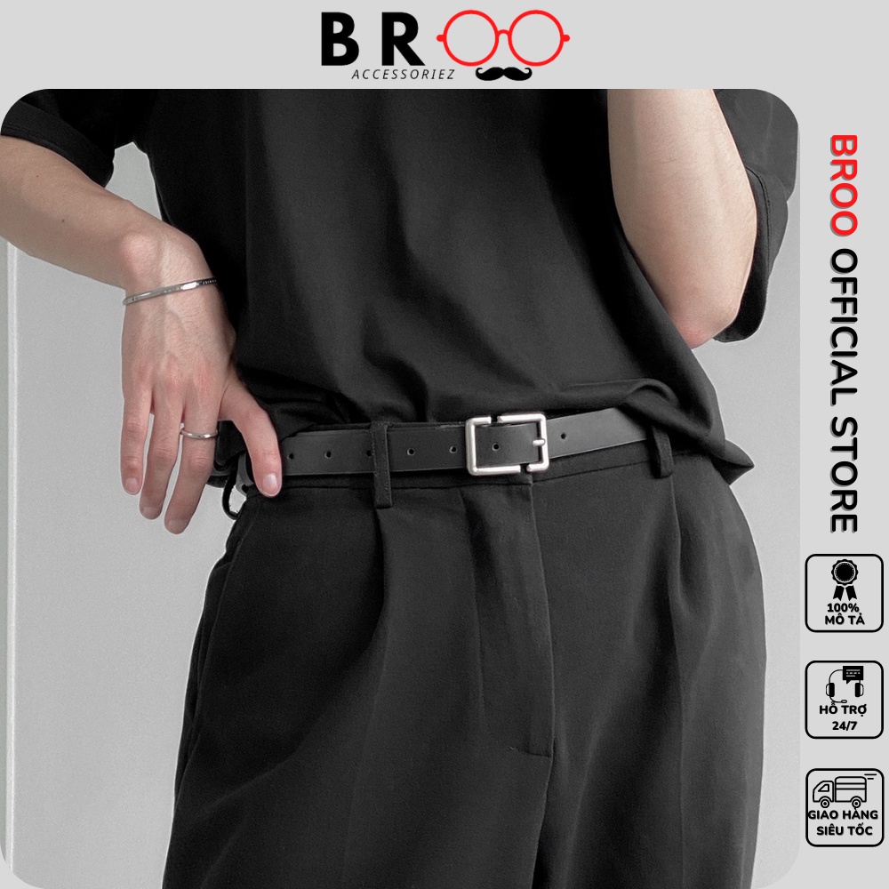 Thắt lưng nam nữ bản nhỏ BROO Belt màu đen đẹp, dây nịt lưng unisex da PU mặt vuông chữ nhật Hàn Quốc