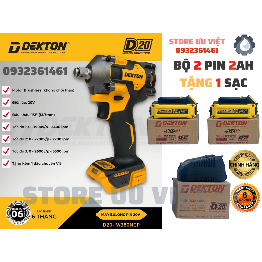 Máy siết bulong 380nm DW20 IW380NCP Dekton chân pin DEWALT gõ búa âm động cơ không chổi than 3 tốc độ giá tốt