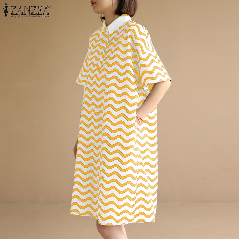 Đầm ZANZEA ngắn tay họa tiết lượn sóng thời trang cho nữ