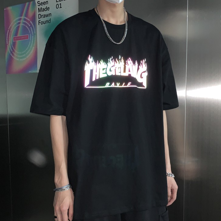 Áo thun tay ngắn in hình ngọn lửa phản quang thời trang cho nam