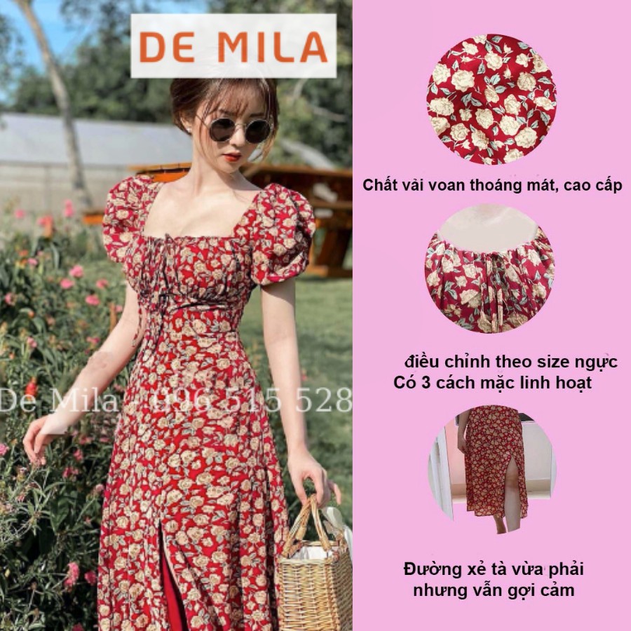 Váy Hoa Nhí,Đầm Hoa Nhí De MiLa Cao Cấp dáng dài nhún vai xẻ tà mặc đi làm,đi chơi tôn dáng cực đẹp Hàng Loại 1 Thiết Kế | BigBuy360 - bigbuy360.vn