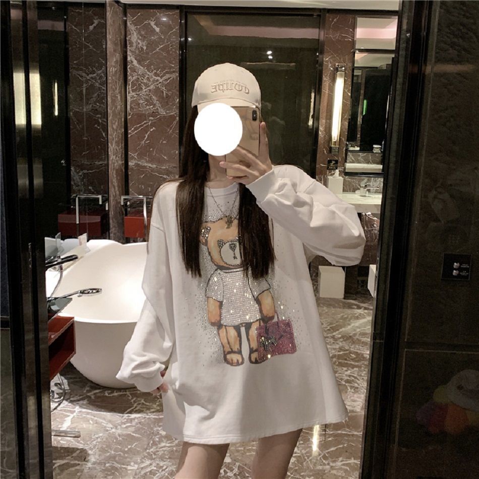 Jiashucheng Hàng Có Sẵn Áo Thun Dài Tay Dáng Rộng Cỡ Lớn Vừa In Họa Tiết Kim Cương Công Nghiệp Màu Trắng