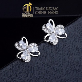 Bông tai nữ bạc đẹp, hoa tai kiểu khuyên cỏ ba lá đính đá bạc ta, trang sức  Minh Thoa JEWELRY