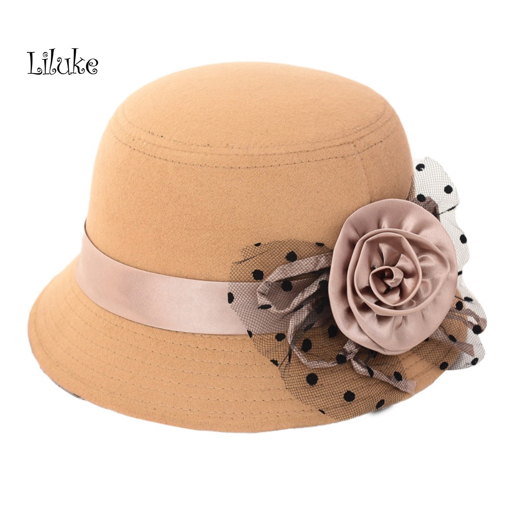 Mũ Bowlercheer Vành Rộng Bằng Len Màu Trơn Đính Hoa Ấm Áp Kiểu Vintage Cho Nữ