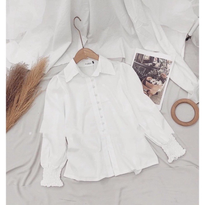 Áo sơ mi nữ dài tay trắng đi học, đi làm cổ bẻ form rộng vừa, bo nhún cổ tay vải lụa nội y xanh chất đẹp mầu trắng đen