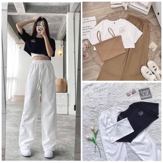  Sét 3 Món Croptop LOGO Thêu Ngực - Set Bộ Nữ 3 Món Trẻ Trung Kèm Quần Ống Suông Culltes Dày Mịn Thoáng Mát 