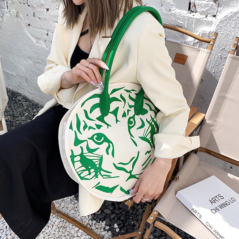 IELGY Túi Đeo Vai Vải canvas Dáng Tròn In Hình Động Vật Dễ Thương Cho Nữ
