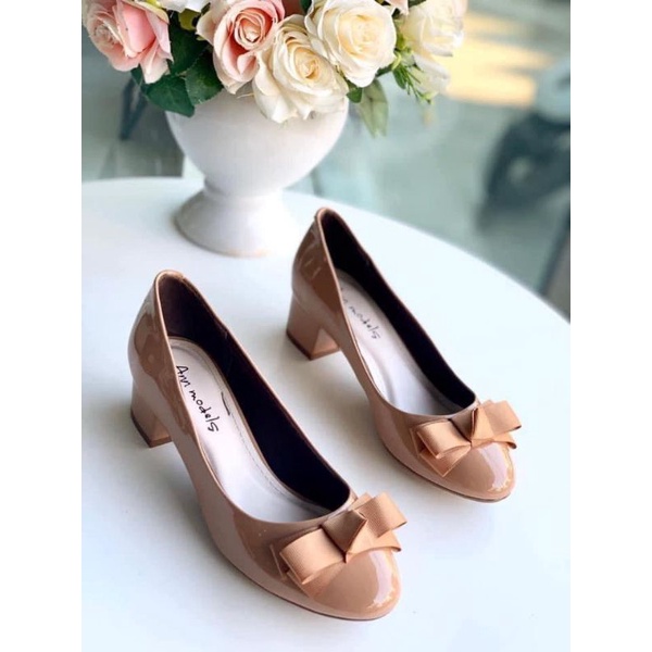Giày cao gót công sở 3 phân mũi tròn gót vuông gắn nơ ú