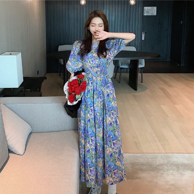 (Order) Đầm hoa xanh dáng dài cổ điển | BigBuy360 - bigbuy360.vn