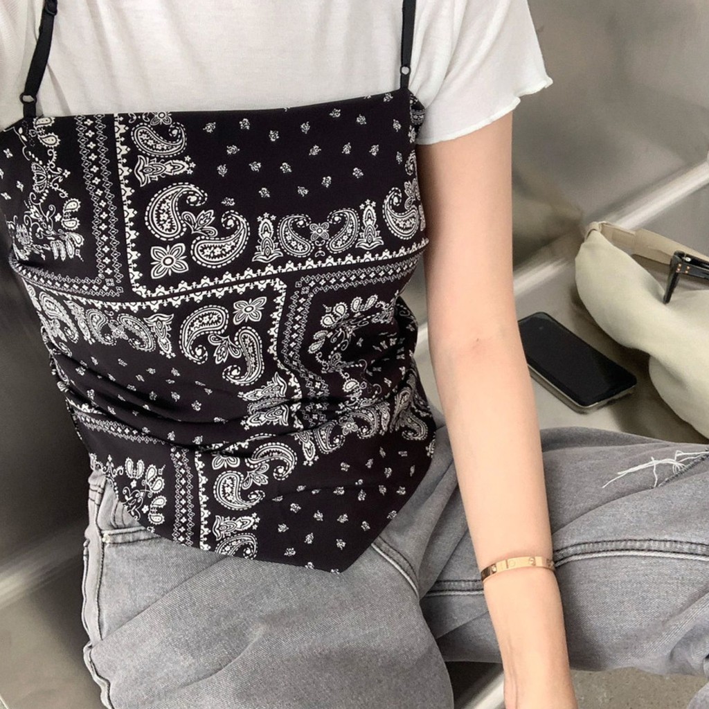 Áo hai dây in họa tiết dáng rộng/áo thun tay ngắn thời trang cho nữ