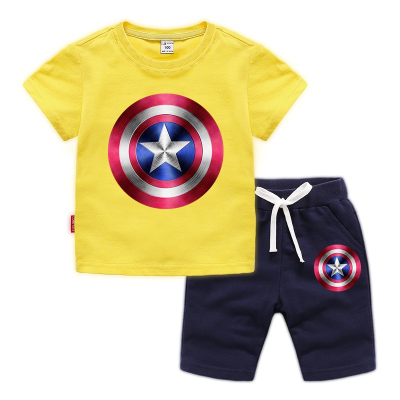 Bộ Đồ 2 Món Áo Thun Tay Ngắn In Hình Khiên Captain America Và Quần Dài Vải Cotton Dành Cho Bé Trai Bé Gái