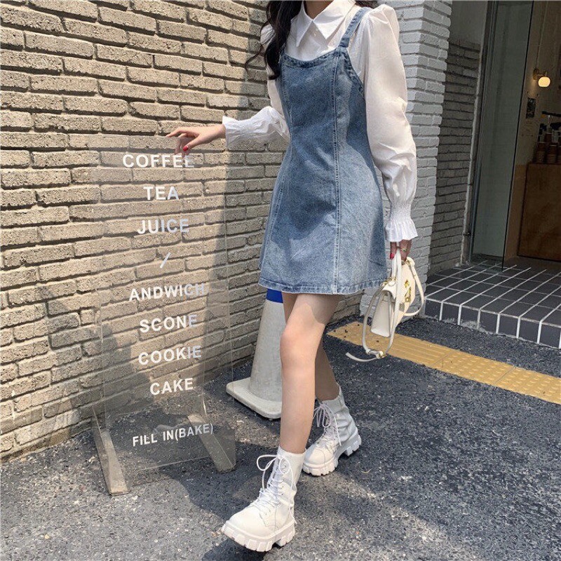 [ORDER] Váy jeans liền sơmi trắng ulzzang