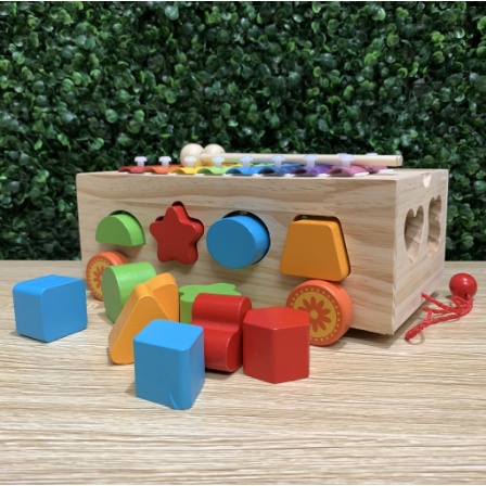 Xe kéo thả hình khối kết hợp đàn xylophone 8 thanh bằng gỗ - đồ chơi gỗ xe kéo giúp phất triển tư duy cho bé