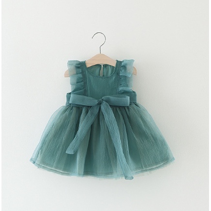 Đầm Công Chúa Không Tay Phối Lưới Đính Nơ Dễ Thương Phong Cách Hàn Quốc Thời Trang Mùa Hè Cho Bé Gái