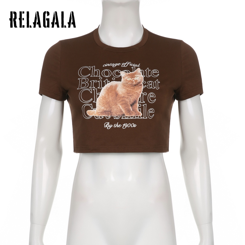 Áo Thun Croptop Tay Ngắn In Hình Mèo Ngộ Nghĩnh Cho Nữ