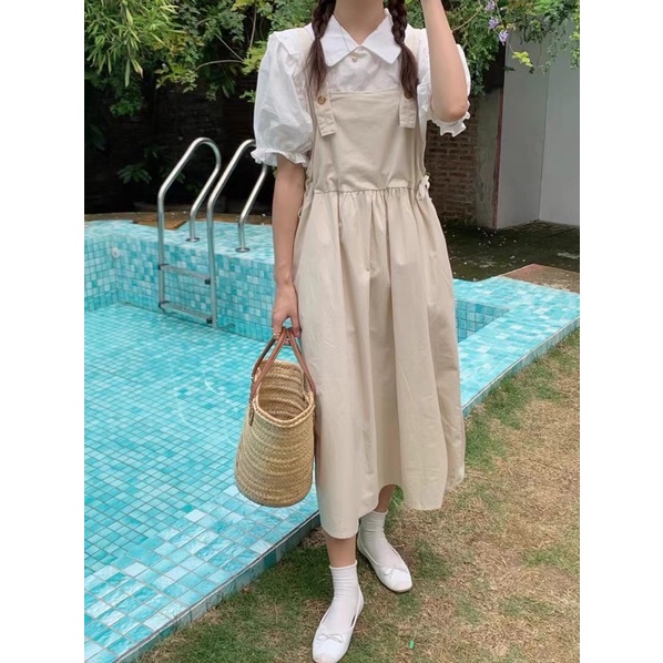 Set yếm nữ dáng dài ulzzang gồm áo sơ mi babydoll cộc tay cánh tiên cổ sen kèm yếm 2 dây dài có dây rút eo (TTA143)