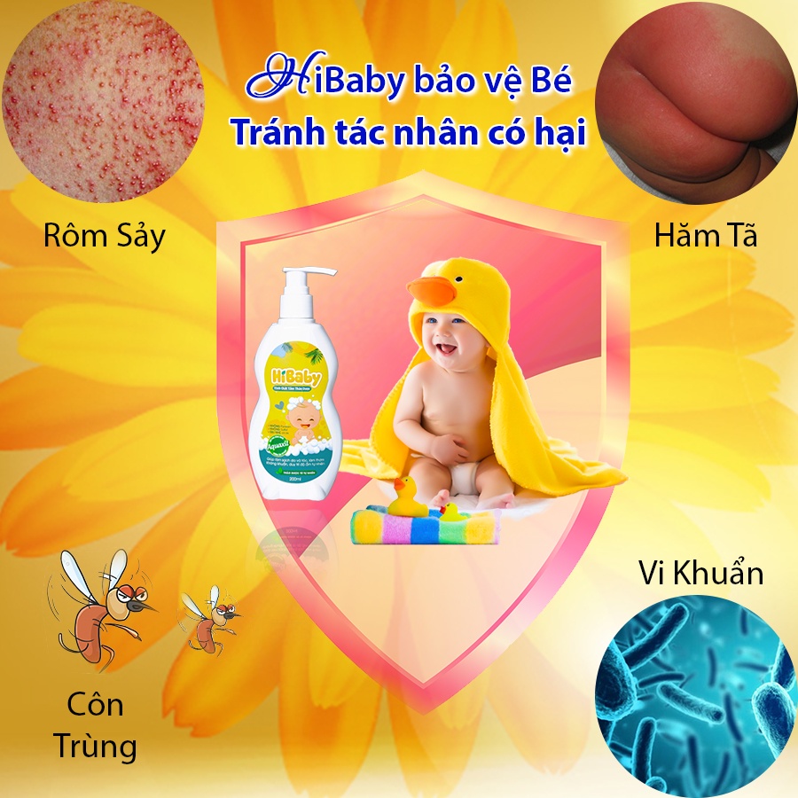 Nước tắm thảo dược trẻ em HI BABY - Giúp kháng khuẩn, đánh tan mề đay mẩn ngứa, chàm sữa, mụn nhọt, hăm tã - 200ml