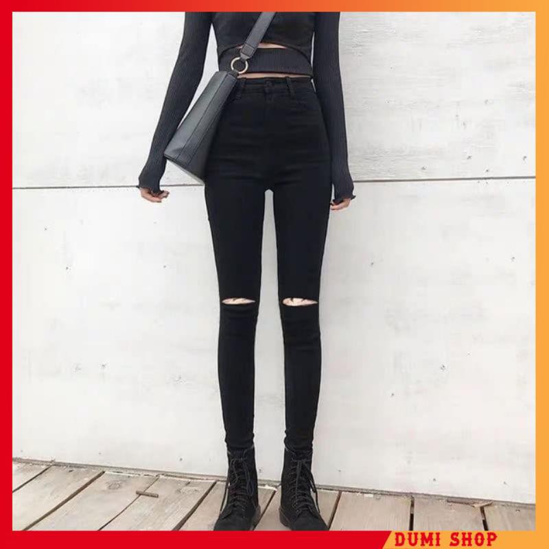 Quần jean skinny 💖FREE SHIP💖 đen ôm rách gối - chất vải mềm giãn