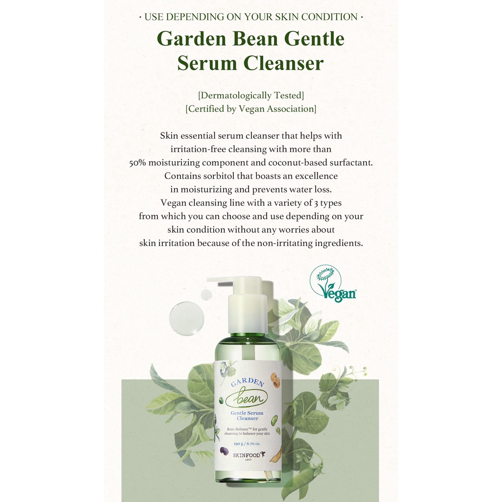 100% Vegan Garden Bean Serum-type Cleanser 190g / Gentle & Nourishing / One Step Cleanser w/o Irritation & Stripping / pH Improvement