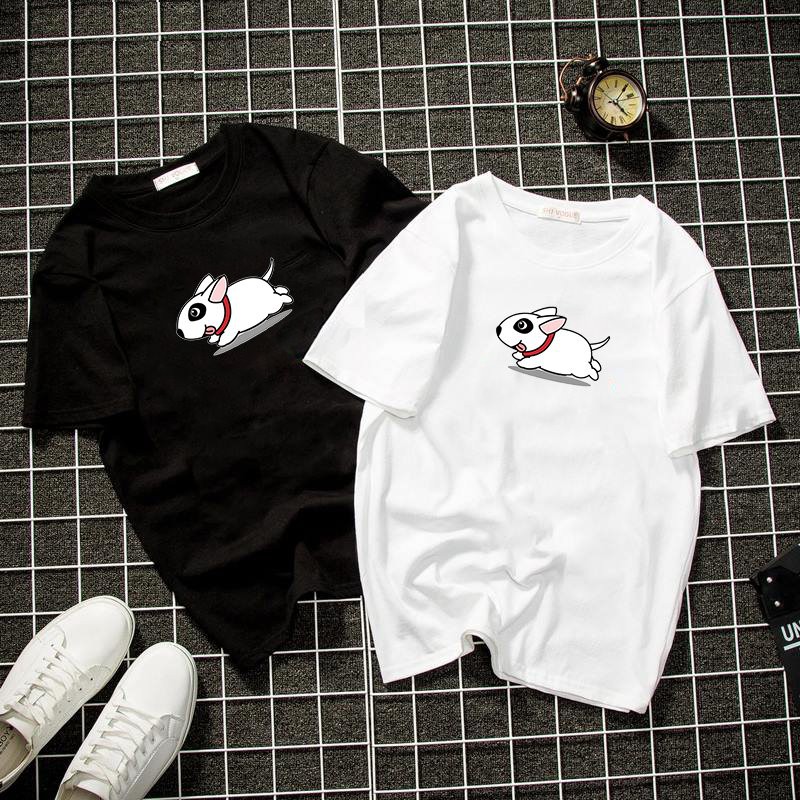 Áo thun unisex form rộng in chó con chạy vải dày mịn 2019T1138