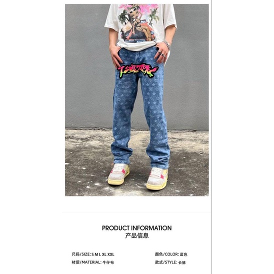 American High Street Flocking Embroidered Gradient Jeans Men's Ins Fashion Brand Street Hip-Hop Loose Straight Full Printed Pants Vr8N