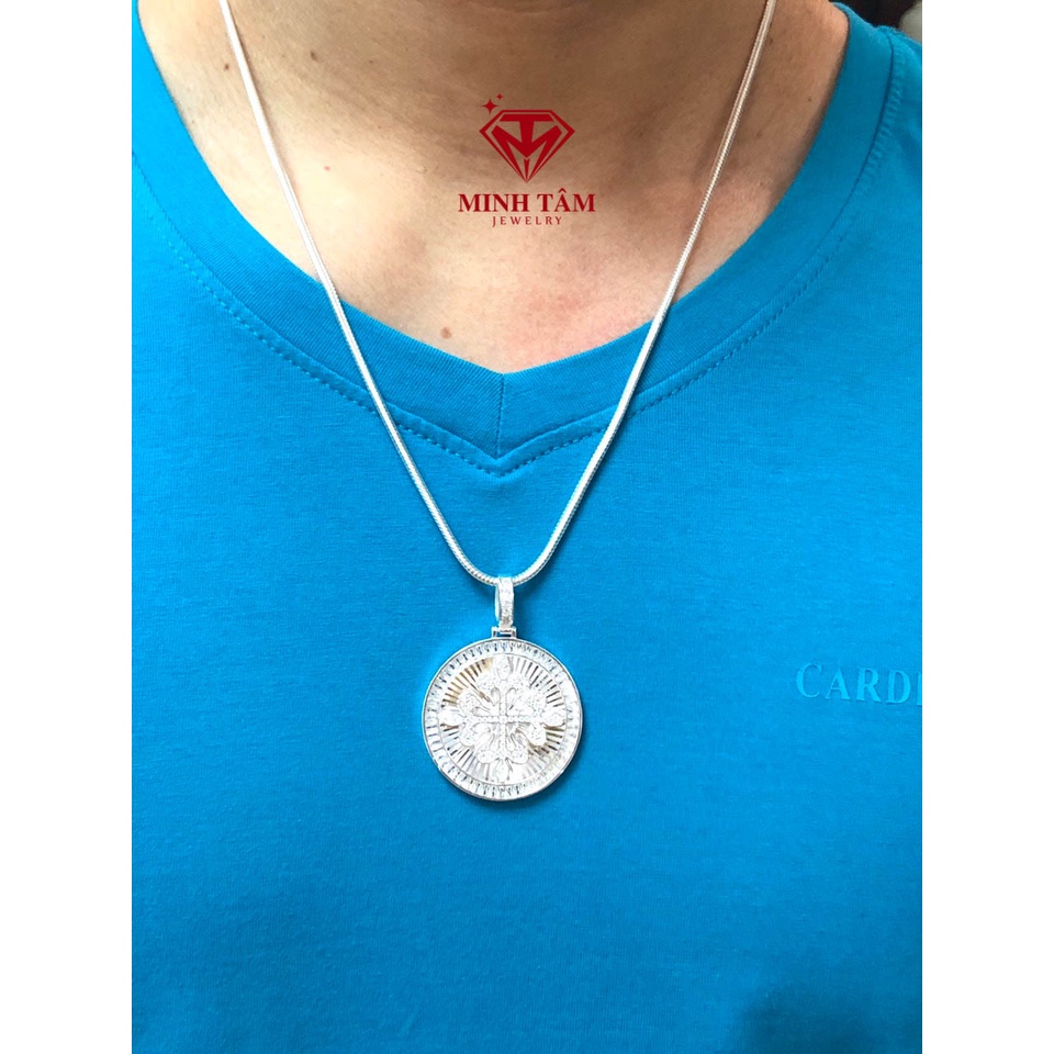 Mặt dây chuyền bạc nam hình tròn in hình khiên bạc ta, Bộ dây chuyền bạc nam hình tròn gắn đá-Minh Tâm Jewelry