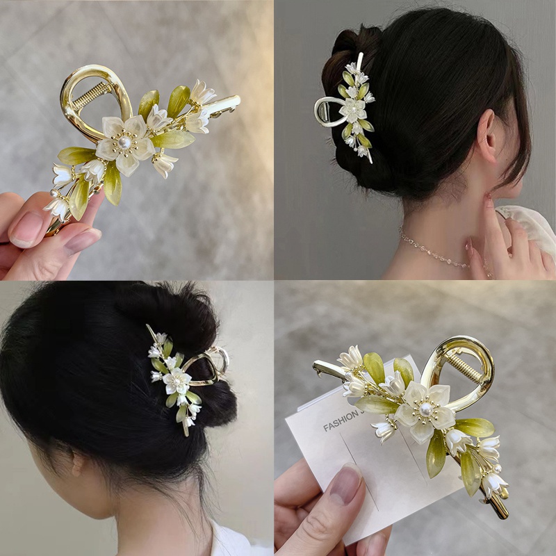 Kẹp Tóc Cá Mập Hình Hoa Đính Ngọc Trai Thời Trang Mới