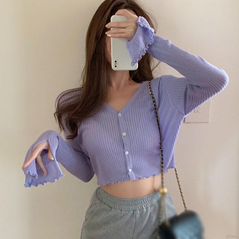 Áo Khoác Cardigan Tay Dài Cổ Chữ V Màu Trơn Phong Cách Hàn Quốc